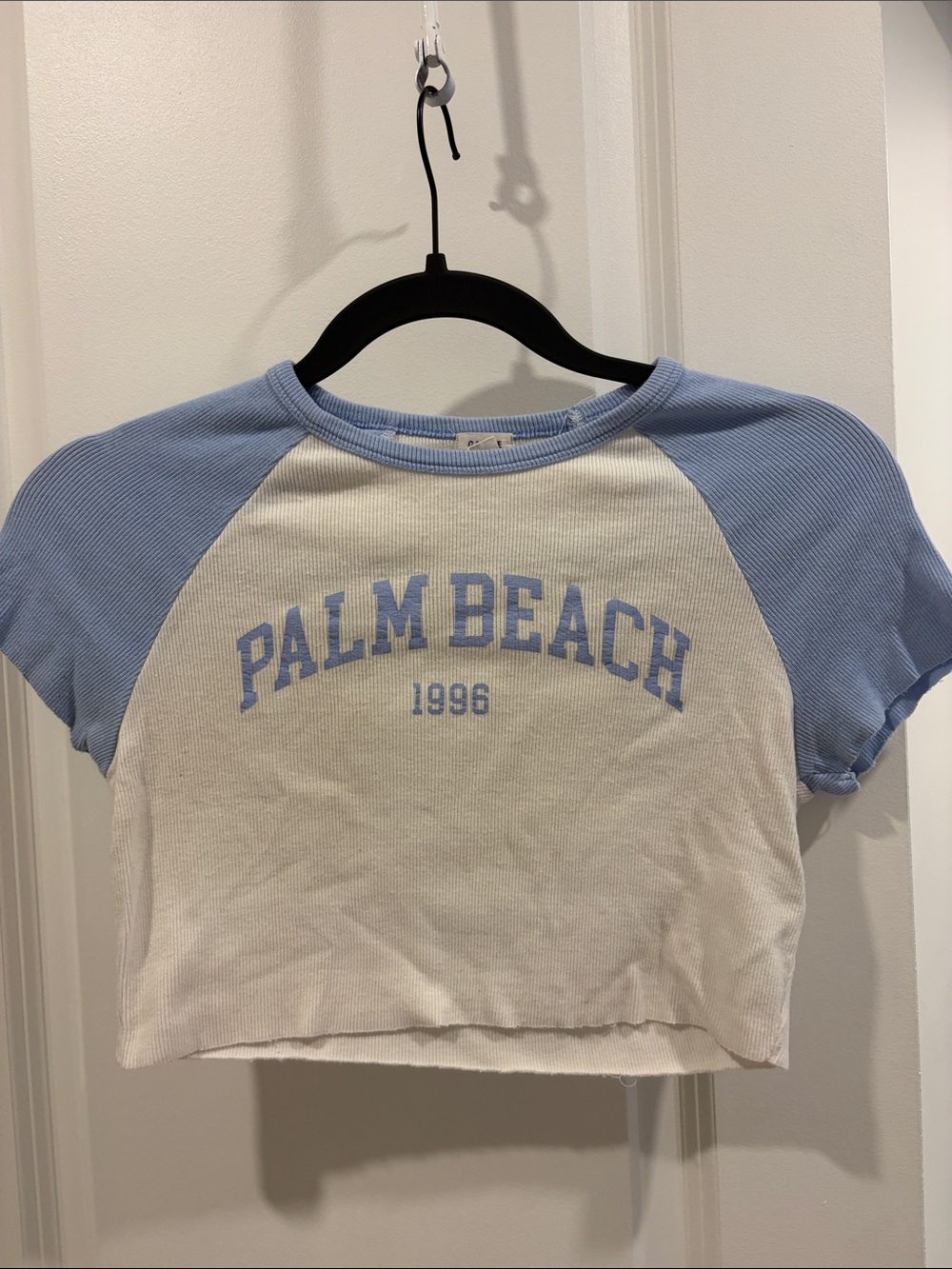 Garage White Crop Top with Light Blue Trim